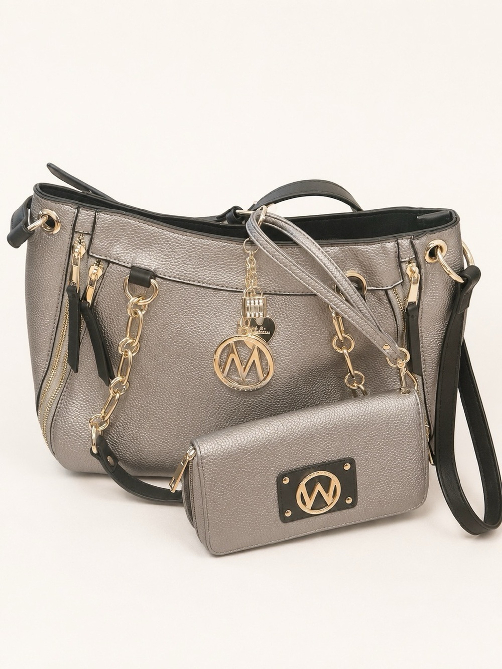 MKF Collection Mia K Silver Tote Handbag & Wristlet 2Pc Set New - Picture 2 of 11